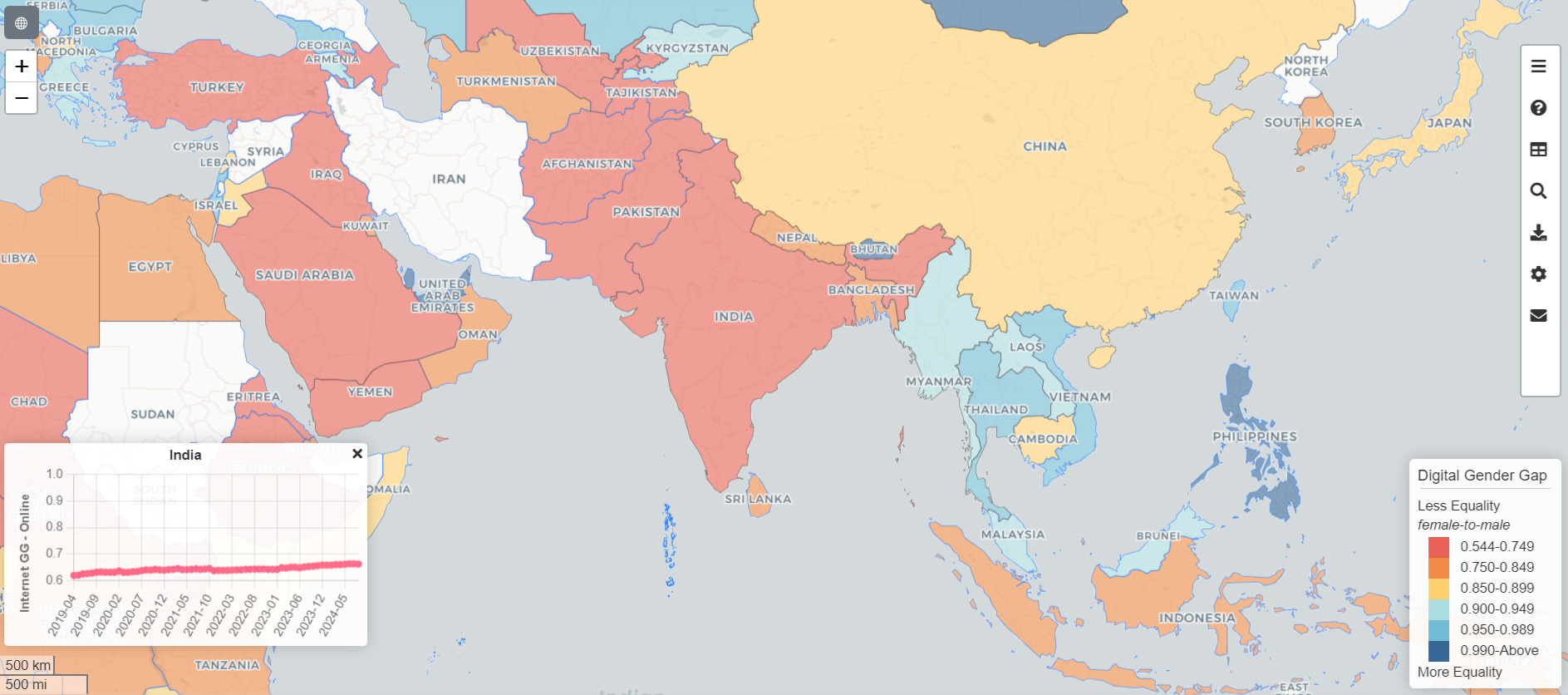 The digital gender gap. Ratio of female-to-male internet use estimated using the Facebook Gender Gap Index^[Leasure D R, Yan J, Bondarenko M, Kerr D, Fatehkia M, Weber I & Kashyap R. Digital Gender Gaps Web Application, v1.0.0. Zenodo, GitHub (2023) [doi:10.5281/zenodo.7897491](https://github.com/OxfordDemSci/dgg-www)]